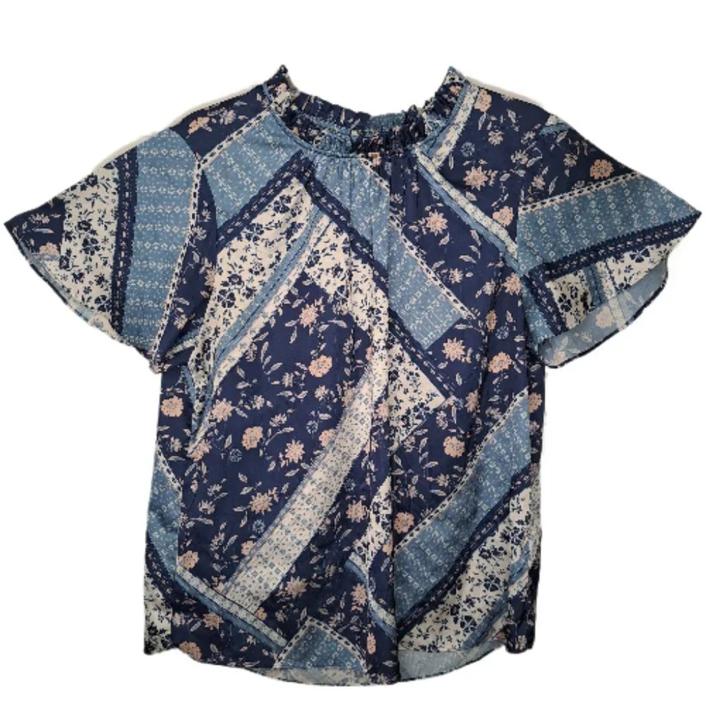 Cooper & Ella Blue Ruffle Keyhole Patterned Blouse Size Large